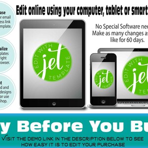 May include: Image showing a tablet, smartphone, and laptop displaying the "Jet Template" logo. Text reads "Edit online using your computer, tablet or smart phone." Instructions are provided for purchase, personalization, and printing. The phrase "Try Before You Buy" is also displayed.