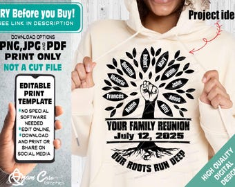 Our Roots Run Deep EDITABLE Print Design- TEN (10) Family Names | Reunion Template matching shirts flyer Black History Power Fist Tree