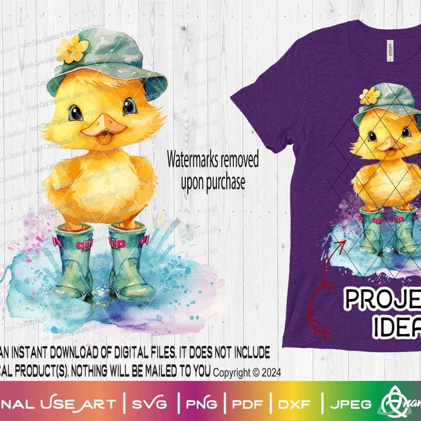 Girl Ducky in Wellies in a Puddle Watercolor Digital Design | Transparent PNG Sublimation Print DTF Rain Boots Hat Cute Spring Baby Duckling