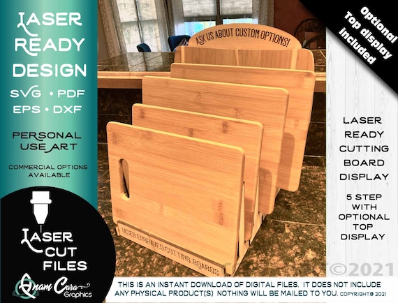 Cutting Board Display Laser Ready Engrave Cut File with Optional Topper | Glowforge Cutting Boards Craft Fairs Display Step Laser Engraved