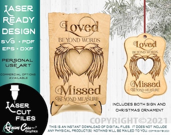 Loved Beyond Words Missed Beyond Measure Sign and Ornament | Laser Ready Cut File Glowforge Angel Wings In Loving Memory Halo Remembrance
