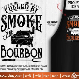 May include: A black and white graphic design with the text "Fueled by Smoke and Bourbon". The design features a grill and a fork. The text "Project Idea" is in the upper right corner of the image.