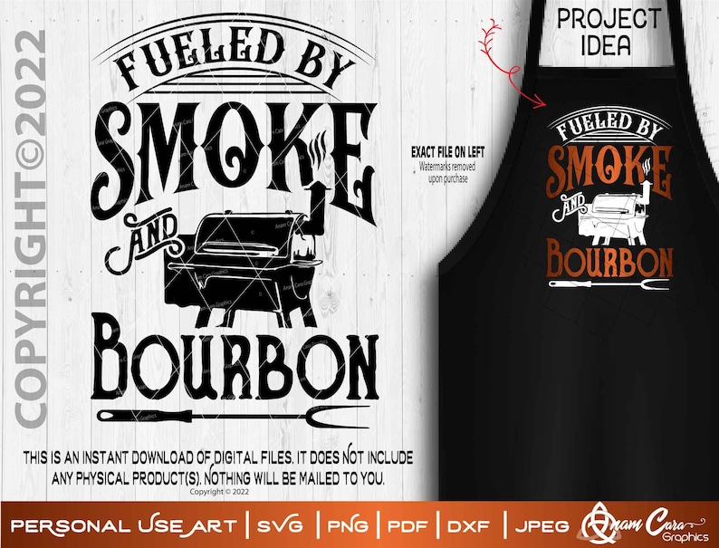 May include: A black and white graphic design with the text "Fueled by Smoke and Bourbon". The design features a grill and a fork. The text "Project Idea" is in the upper right corner of the image.