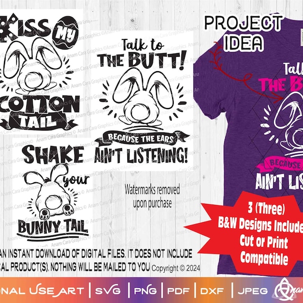 Bundle of 3 Bunny Tail Easter Designs | SVG Cut or PNG Print Bunny Tail Bunny Butt Talk to the Ears Shake Kiss my Tail Cute Butt