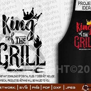 May include: Black and red graphic design with the text "King of the Grill" and a crown. The design is on a black apron with the text "Project Idea" and "HT©2019".