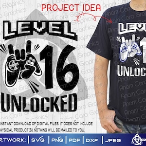 Livello 16 sbloccato / SVG taglia o stampa arte fai da te / 16° sedicesimo videogioco festa di compleanno gioco su livello superiore joystick gioco grado laureato giocatore