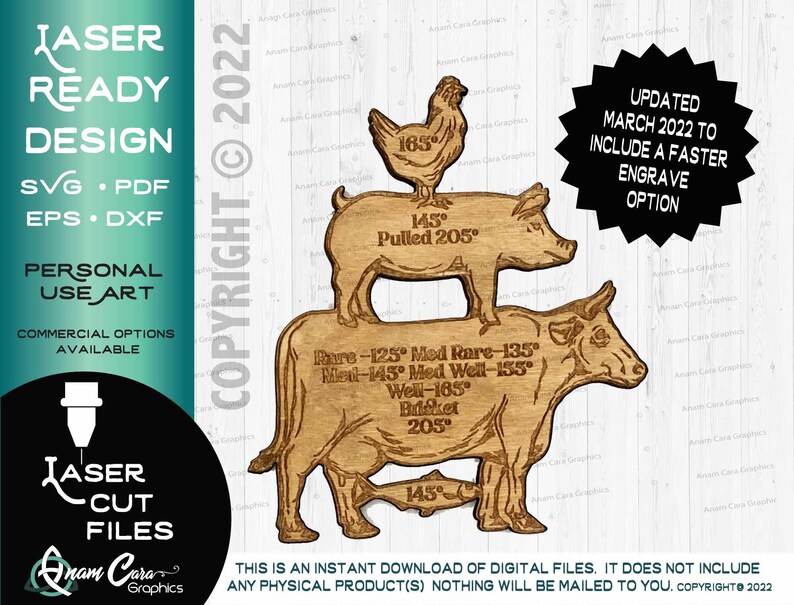 May include: A digital download of a laser cut file design featuring a stack of three animals: a cow, a pig, and a chicken. The animals are labeled with different temperatures for cooking meat. The design includes the text "Rare-125&deg; Med Rare-135&deg; Med-145&deg; Med Well-155&deg; Well-165&deg; Bukket 205&deg;".