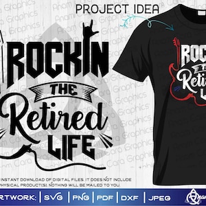 Rockin' the Retired Life | Découper ou imprimer SVG, art bricolage, retraite, rock, mains, guitare, rock classique, cool, grand-père, grand-mère, grand-père, nan, heavy metal