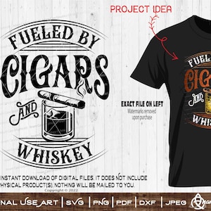 Impulsado por puros y whisky / Arte SVG para cortar o imprimir / Divertido aficionado a los puros Fumador Fuma un puro Whisky quemado Vintage