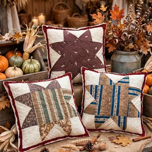 May include: Three square quilted throw pillows featuring a central star pattern. One pillow has a dark maroon star on a cream background, while the other two display multi-colored striped and floral fabric star designs with red ruffled edges.