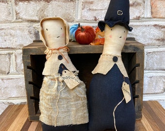 Primitive Pilgrims, Thanksgiving Primitive Dolls, Thanksgiving Pilgrim Set, Primitive Thanksgiving Decor, Thanksgiving Hostess Gift Ideas