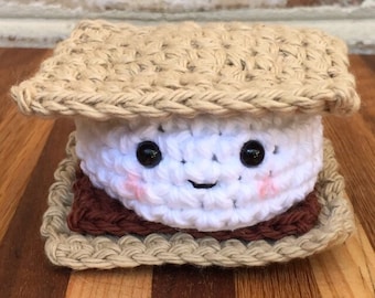 S'mores Amigurumi Plush, Marshmallow Kawaii Soft Fidget Toy, Crochet Campfire Food Stuffed Plushie, Autumn Tiered Tray Decor, Cheer Up Gift