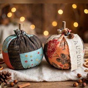 May include: Two fabric pumpkins with wooden stems. The left pumpkin features a patchwork design of brown, teal, and orange polka dots. The right pumpkin has a floral orange pattern and a beige fabric tag with the word AUTUMN printed on it.