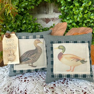 May include: Two square fabric pillows in sage green with a dark green and white checkered border. Each pillow features a central panel with a duck illustration. A beige paper tag attached to the left pillow reads, INTO THE WOODS I GO!