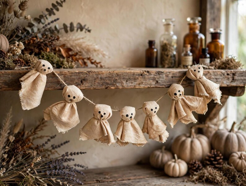 May include: A garland featuring seven small ghost figures made from light beige fabric with frayed edges. Each ghost has a rounded head with three small black dots representing eyes and a mouth, all strung together on a thin piece of natural twine.