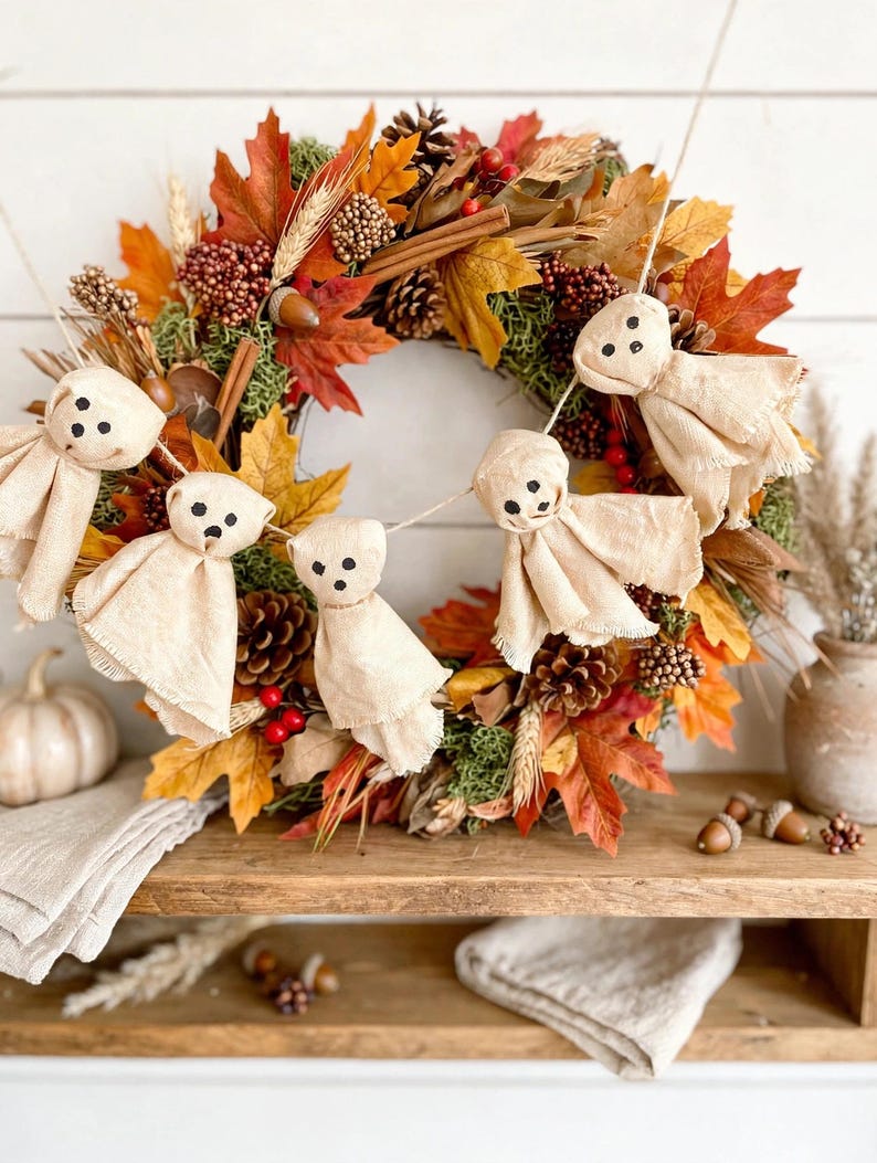 May include: A decorative autumn wreath featuring orange, yellow, and brown maple leaves, pinecones, cinnamon sticks, and red berries. A garland of four small, beige fabric ghost figures with black dot eyes and mouths is draped across the front.