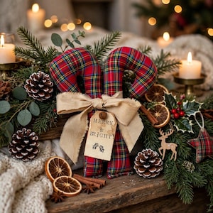 May include: Two fabric candy canes featuring a red, green, and yellow plaid pattern tied together with a beige burlap ribbon. A rectangular paper tag hangs from the ribbon with the text MERRY & BRIGHT and two small holly leaf illustrations.