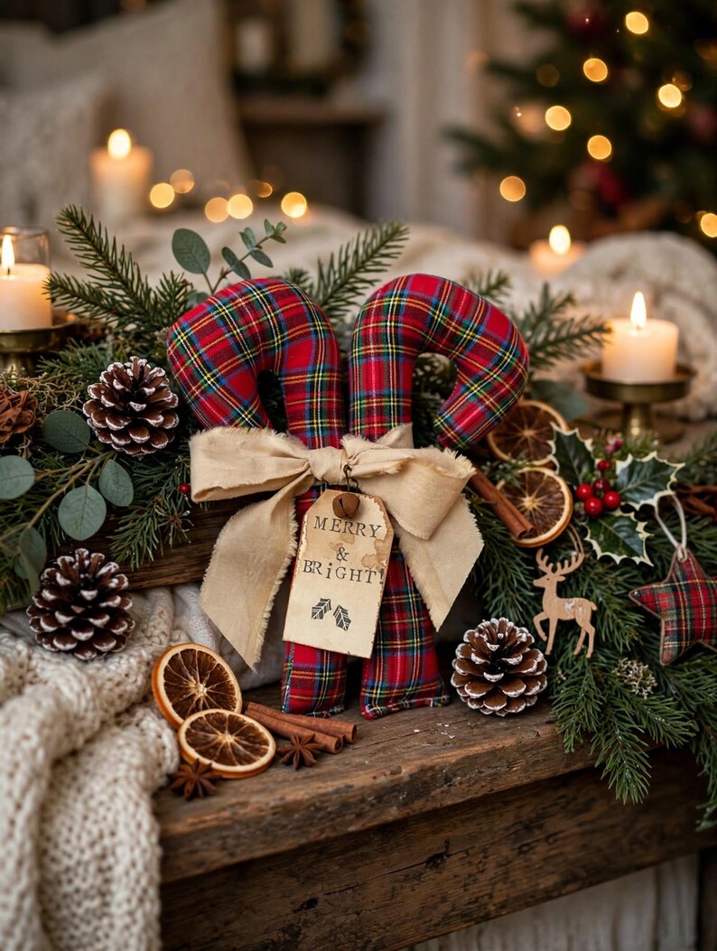May include: Two fabric candy canes featuring a red, green, and yellow plaid pattern tied together with a beige burlap ribbon. A rectangular paper tag hangs from the ribbon with the text MERRY & BRIGHT and two small holly leaf illustrations.