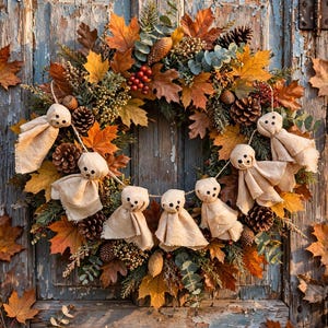 Primitive Ghost Garland For Halloween, Primitive Ghost Decoration, Rustic Halloween Garland, Spooky Mantel Banner, Halloween Farmhouse Decor image 1