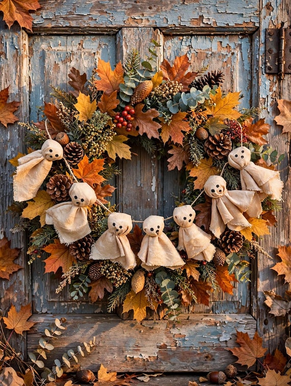 Primitive Ghost Garland For Halloween, Primitive Ghost Decoration, Rustic Halloween Garland, Spooky Mantel Banner, Halloween Farmhouse Decor