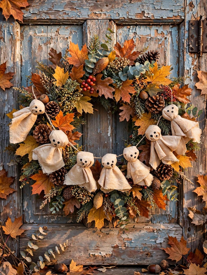 Primitive Ghost Garland For Halloween, Primitive Ghost Decoration, Rustic Halloween Garland, Spooky Mantel Banner, Halloween Farmhouse Decor image 1