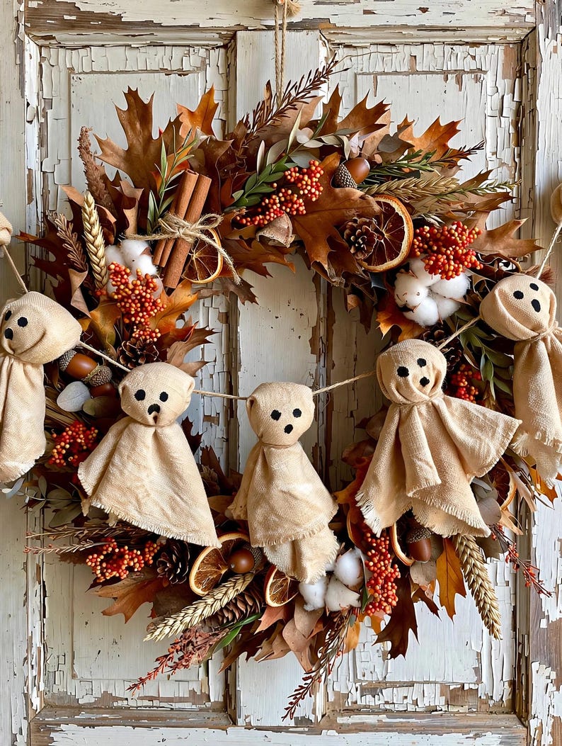 May include: A fall wreath featuring dried oak leaves, cinnamon sticks, pinecones, wheat stalks, orange slices, cotton bolls, and red berries. A garland of four beige fabric ghost figures with black stitched eyes and mouths hangs across the center.