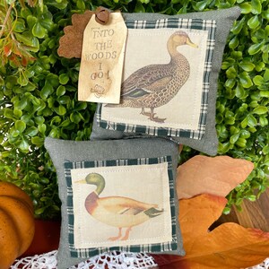 May include: Two square olive green fabric pillows featuring centered cream-colored patches with detailed illustrations of ducks. A tan paper tag attached with a small metal bell displays the text INTO THE WOODS I GO in black ink.