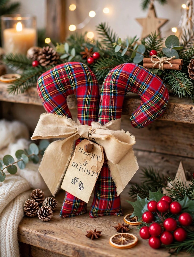 May include: Two fabric candy cane ornaments featuring a red, green, and yellow plaid pattern. The canes are tied together with a wide, frayed beige ribbon and a rectangular paper tag that reads MERRY & BRIGHT! with two small leaf icons.
