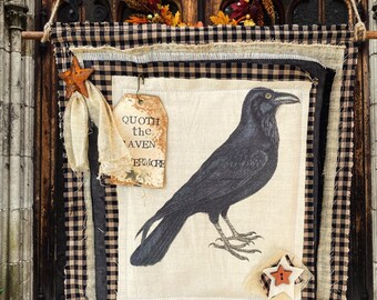 Primitive Crow Flag, Primitive Crow Decor, Rustic Halloween Decor, Grungy Raven Wall Hanging