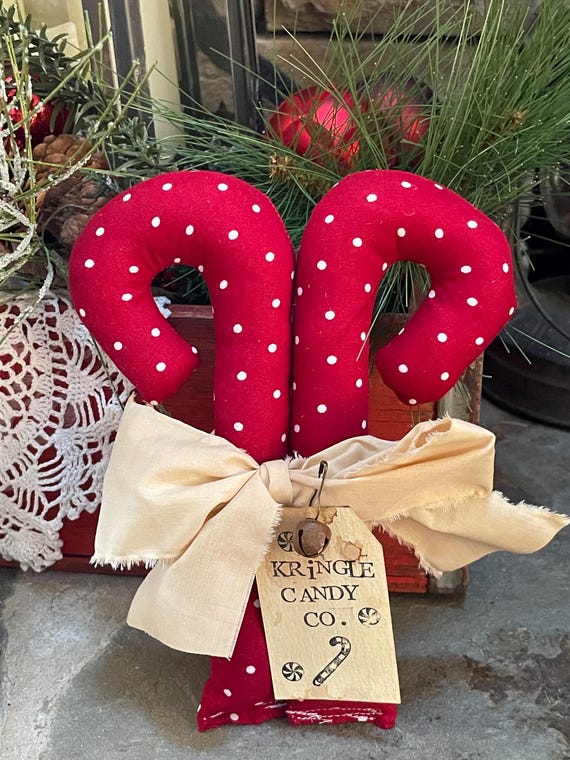 Fabric Candy Canes, Polka Dot Christmas Decor, Primitive Candy Canes, Christmas Candy Canes, Farmhouse Christmas Decor, Christmas Gift Mom