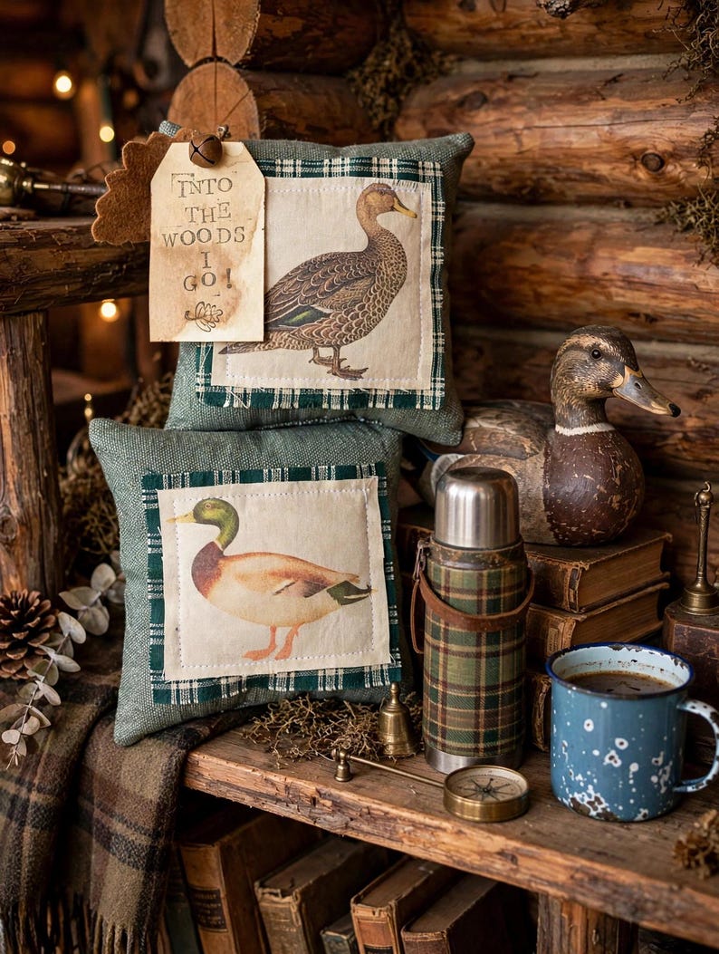 May include: Two square green fabric pillows featuring duck illustrations and a beige tag with the text INTO THE WOODS I GO. The top pillow displays a brown duck, while the bottom pillow shows a mallard. The pillows are accented with plaid fabric.