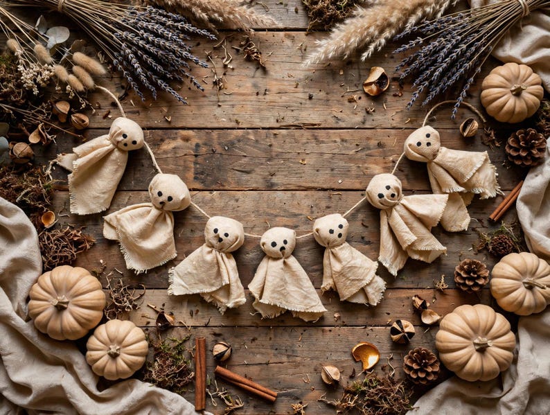Primitive Ghost Garland For Halloween, Primitive Ghost Decoration, Rustic Halloween Garland, Spooky Mantel Banner, Halloween Farmhouse Decor image 9