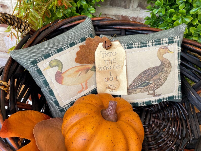 May include: A rectangular green fabric pillow featuring two duck illustrations on cream-colored patches, a brown felt leaf, and a beige paper tag with the text "INTO THE WOODS I GO!" attached by a small metal bell, all nestled in a dark wicker basket.