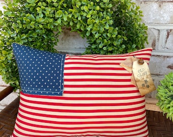 Primitive American Flag Pillow, Americana Throw Pillows, Fourth of July Pillows, Patriotic Pillow, Fourth of July Decor, Patriotic Gifts