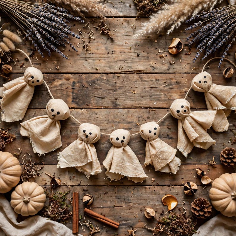 May include: A garland featuring six beige fabric ghost figures strung together on a thin cord. Each ghost is crafted from light-colored cloth with simple black dots for eyes and a mouth, creating a uniform appearance across the entire decorative piece.
