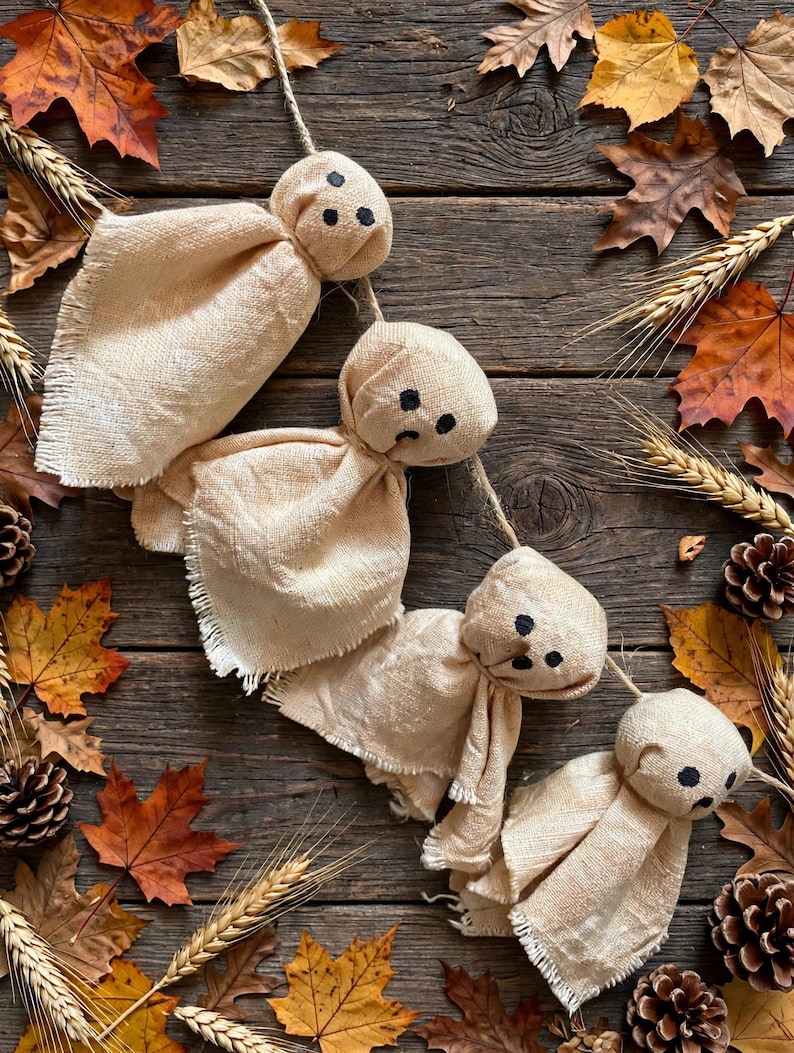 Primitive Ghost Garland For Halloween, Primitive Ghost Decoration, Rustic Halloween Garland, Spooky Mantel Banner, Halloween Farmhouse Decor image 12