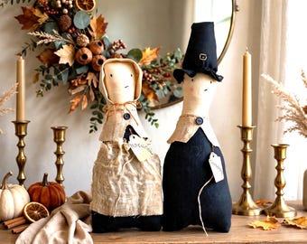 Primitive Pilgrims, Thanksgiving Primitive Dolls, Thanksgiving Pilgrim Set, Primitive Thanksgiving Decor, Thanksgiving Hostess Gift Ideas