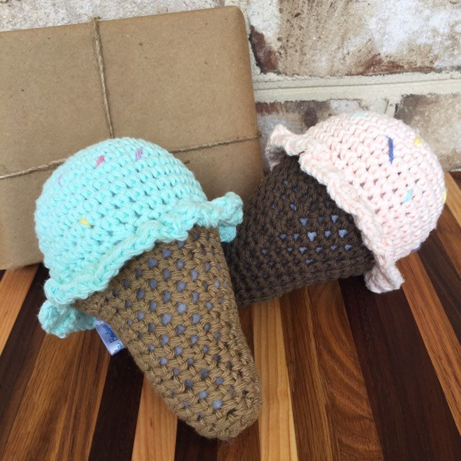 Mint Ice Cream Baby Rattle Ice Cream Cone Crochet Teether Etsy