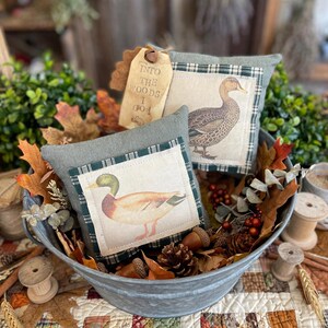 May include: Two square fabric pillows in a galvanized metal basin. One pillow features a mallard duck, the other a brown duck. Both have green plaid borders. A tan tag attached to the pillows reads, "INTO THE WOODS I GO". The basin contains autumn leaves.