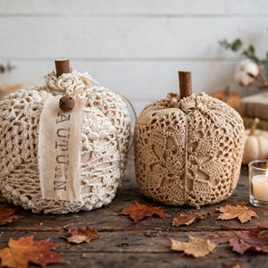 May include: Two decorative pumpkins crafted with cream and beige crochet covers. The left pumpkin features a fabric tag with the word AUTUMN and a small metal bell. Both pumpkins have brown wooden stems and are textured with intricate lace patterns.
