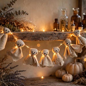Primitive Ghost Garland For Halloween, Primitive Ghost Decoration, Rustic Halloween Garland, Spooky Mantel Banner, Halloween Farmhouse Decor image 7