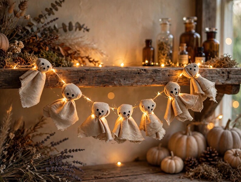 Primitive Ghost Garland For Halloween, Primitive Ghost Decoration, Rustic Halloween Garland, Spooky Mantel Banner, Halloween Farmhouse Decor image 7