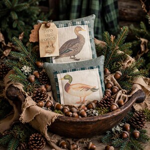 May include: Two square fabric pillows featuring illustrations of ducks, nestled in a dark wooden bowl with pine branches, pinecones, and acorns. A tan paper tag attached to the top pillow displays the text "INTO THE WOODS I GO".