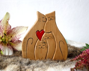 Handmade Wooden Cats Family with 2 children Puzzle: Pine Animal Home Decor