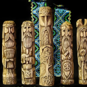 Hand Carved Wooden Slavic Pantheon. Svarog, Rod, Veles, Perun, Dajdbog. God statue, wood statue, slavic god, nordic idol, wood carving.