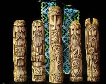 Hand Carved Wooden Slavic Pantheon. Svarog, Rod, Veles, Perun, Dajdbog. God statue, wood statue, slavic god, nordic idol, wood carving.