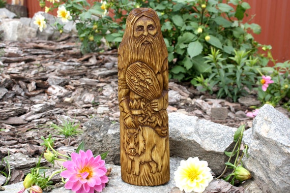 Norse God Freyr Hand Carved Wooden Statue Viking Decor (9.84 inches)