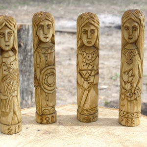 Norse Goddesses  - goddess SIF, goddess SOL,goddess VAR and goddess Syn. Wooden goddesses . Small Wooden Figurines.