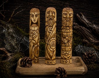Odin Thor Freya Wooden Statue Set with Stand, Hand Carved Norse Figures, 18 cm