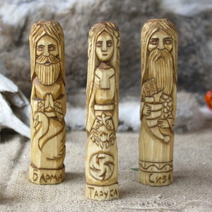 Slavic Gods and Goddess  - BRAMA, SIWA and TARUSA. Wooden gods. Small Wooden Figurines. Hand Carved Wooden Slavic Pantheon.
